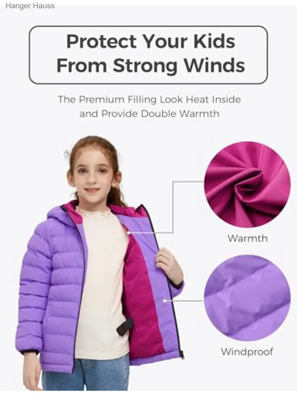 Girls' Winter Puffer Coat Waterproof Insulated Hooded Jacket with Zipper Pockets